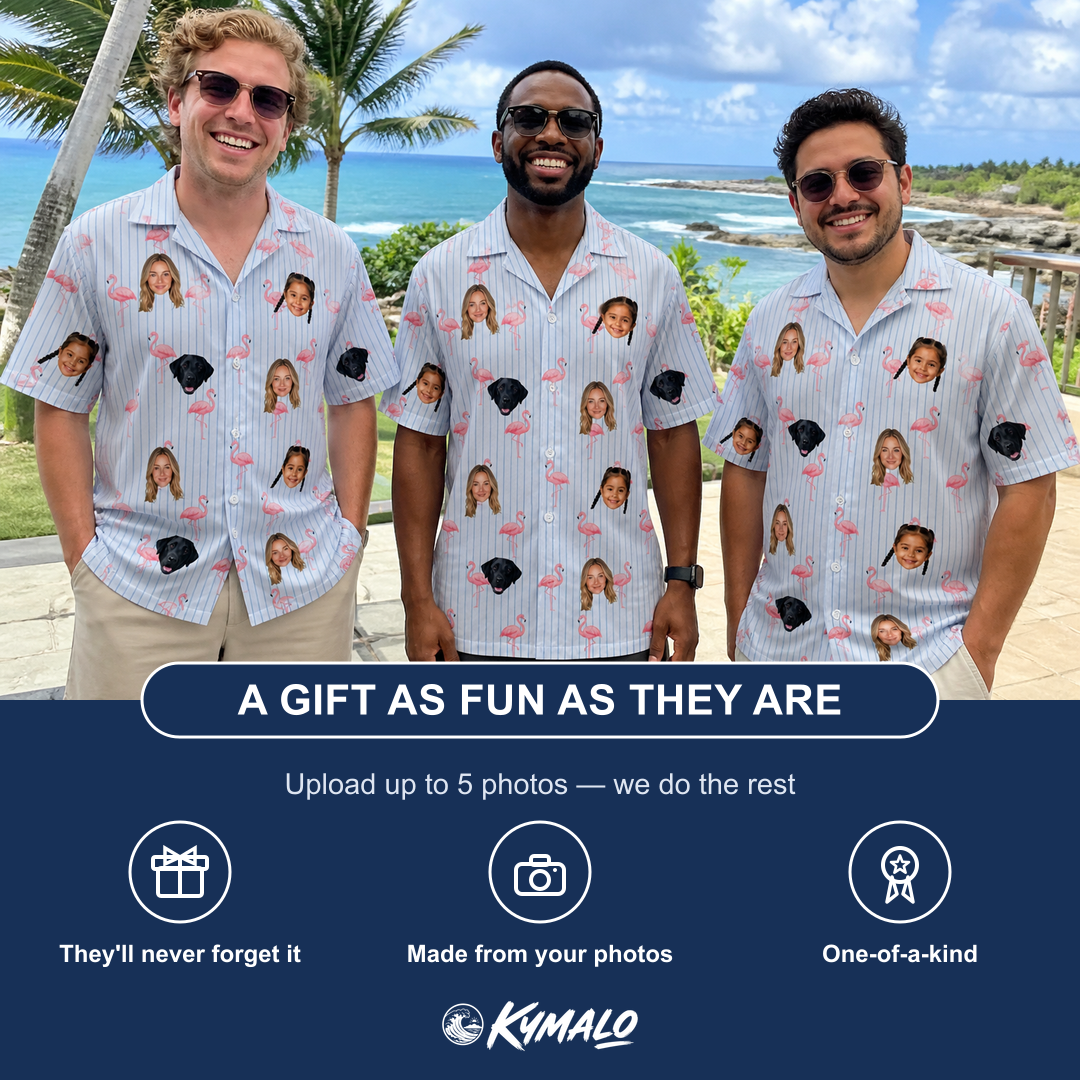 Friends in matching Men's Stilt Spritz Custom Face Hawaiian Shirt — a group gift photo