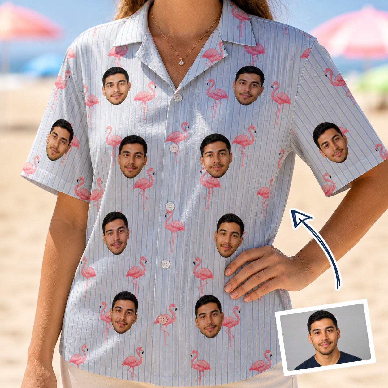 Woman wearing Women's Stilt Spritz Custom Face Hawaiian Shirt — custom faces printed all-over