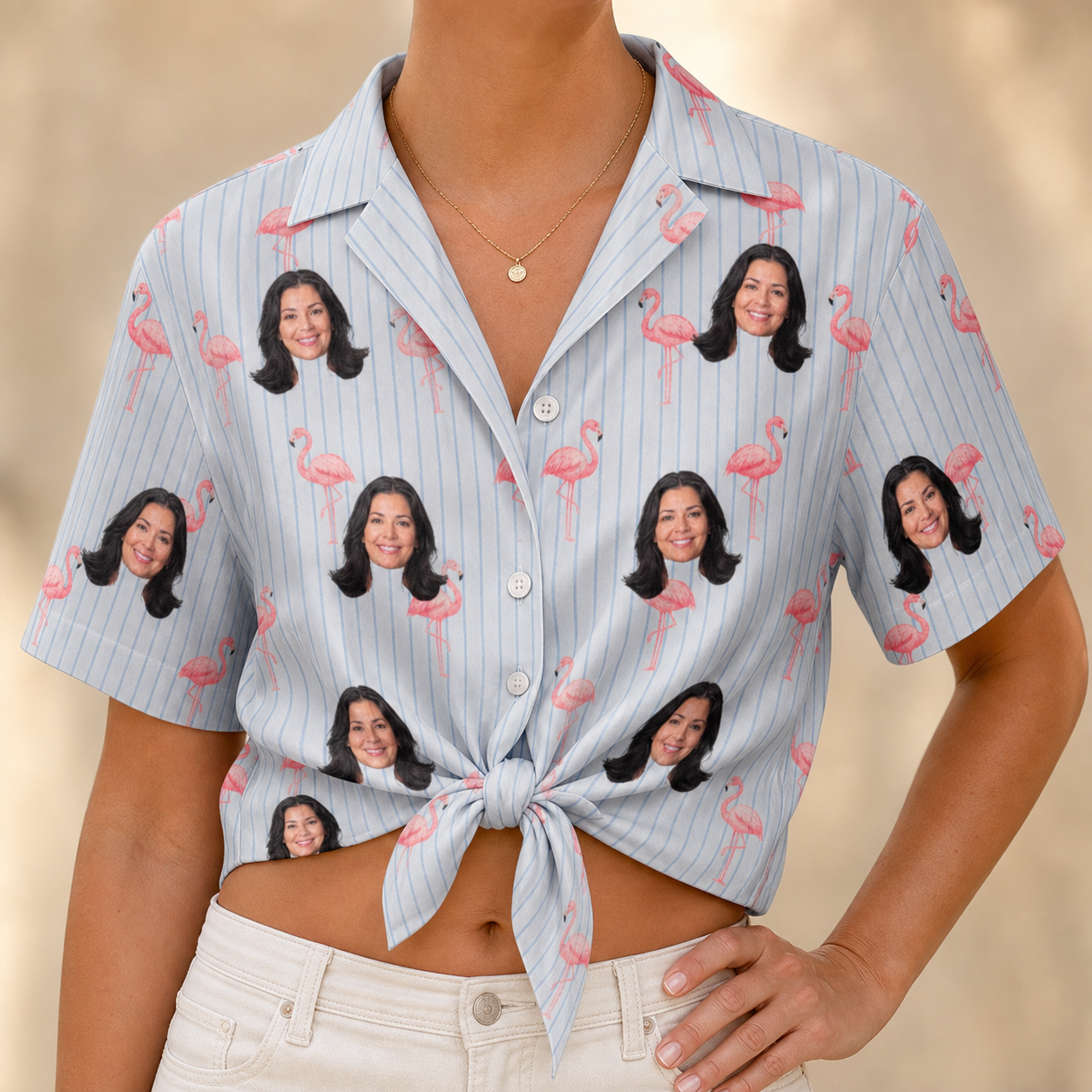 Woman wearing Women's Stilt Spritz Custom Face Hawaiian Shirt tied at the waist