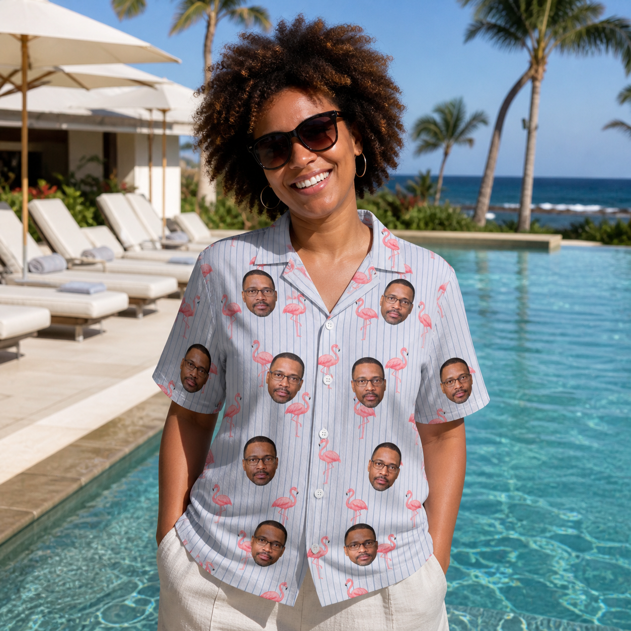 Real-life photo of someone wearing Women's Stilt Spritz Custom Face Hawaiian Shirt — custom faces printed all-over