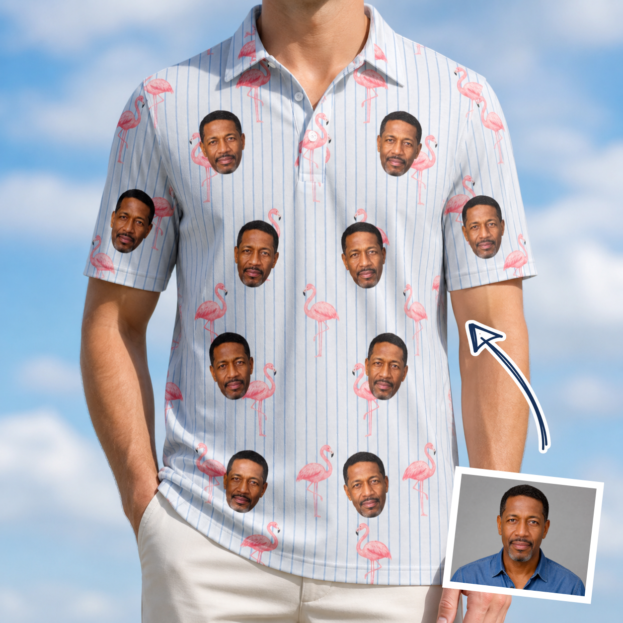 Man wearing Men's Stilt Spritz Custom Face Polo Shirt — custom faces printed all-over