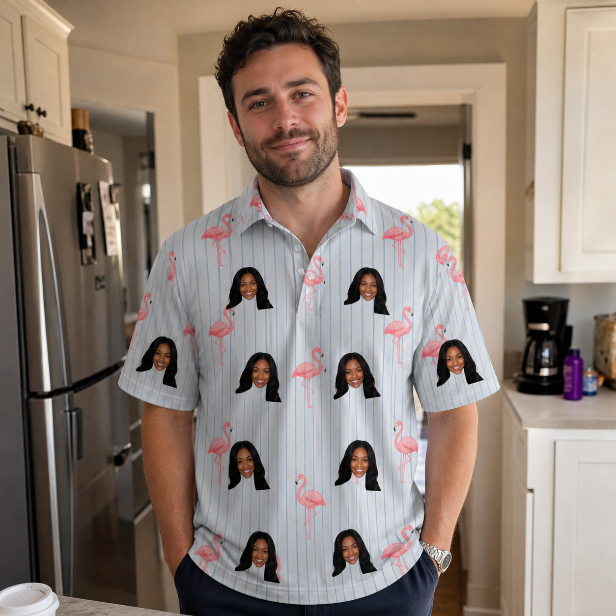 Real-life photo of someone wearing Men's Stilt Spritz Custom Face Polo Shirt — custom faces printed all-over