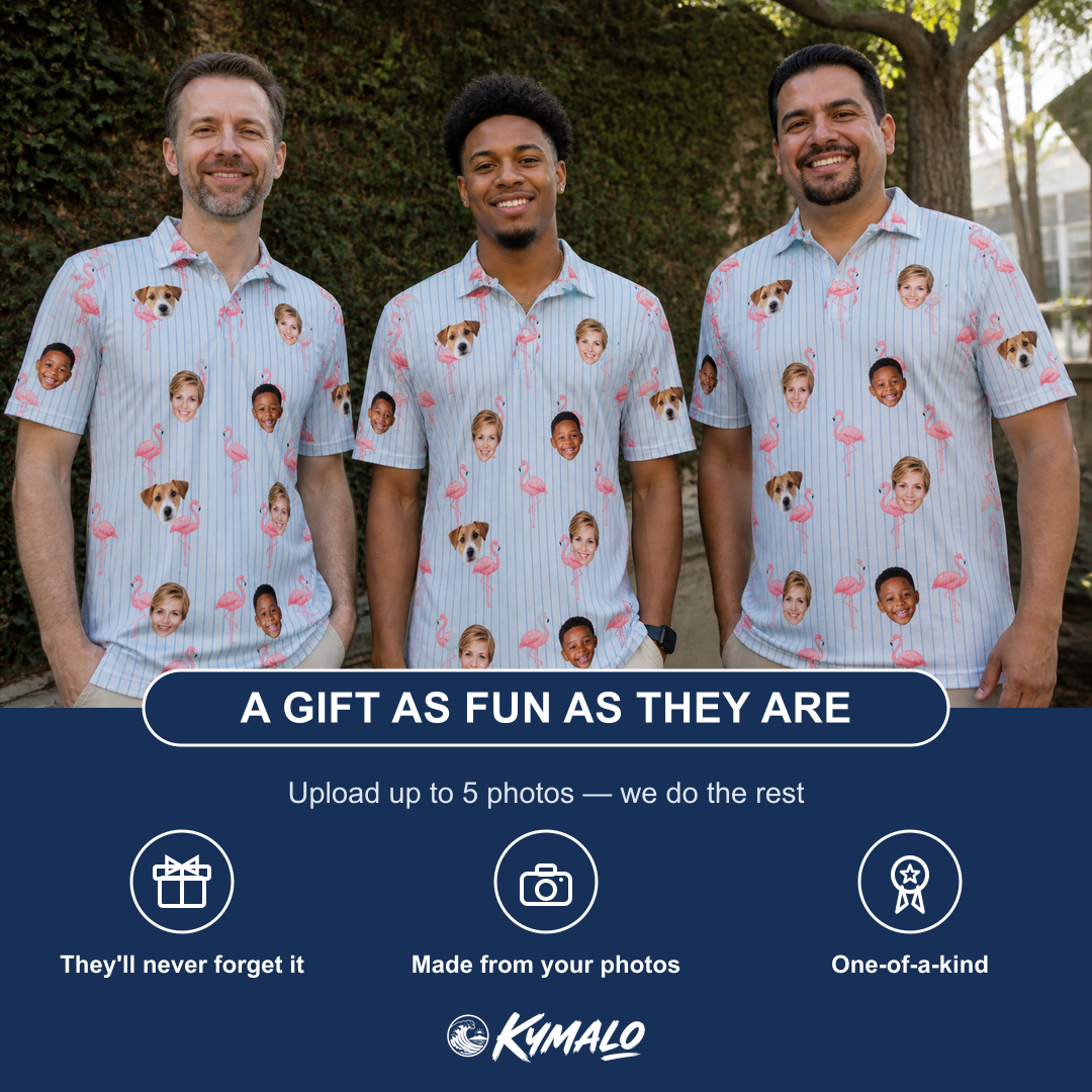 Friends in matching Men's Stilt Spritz Custom Face Polo Shirt — a group gift photo