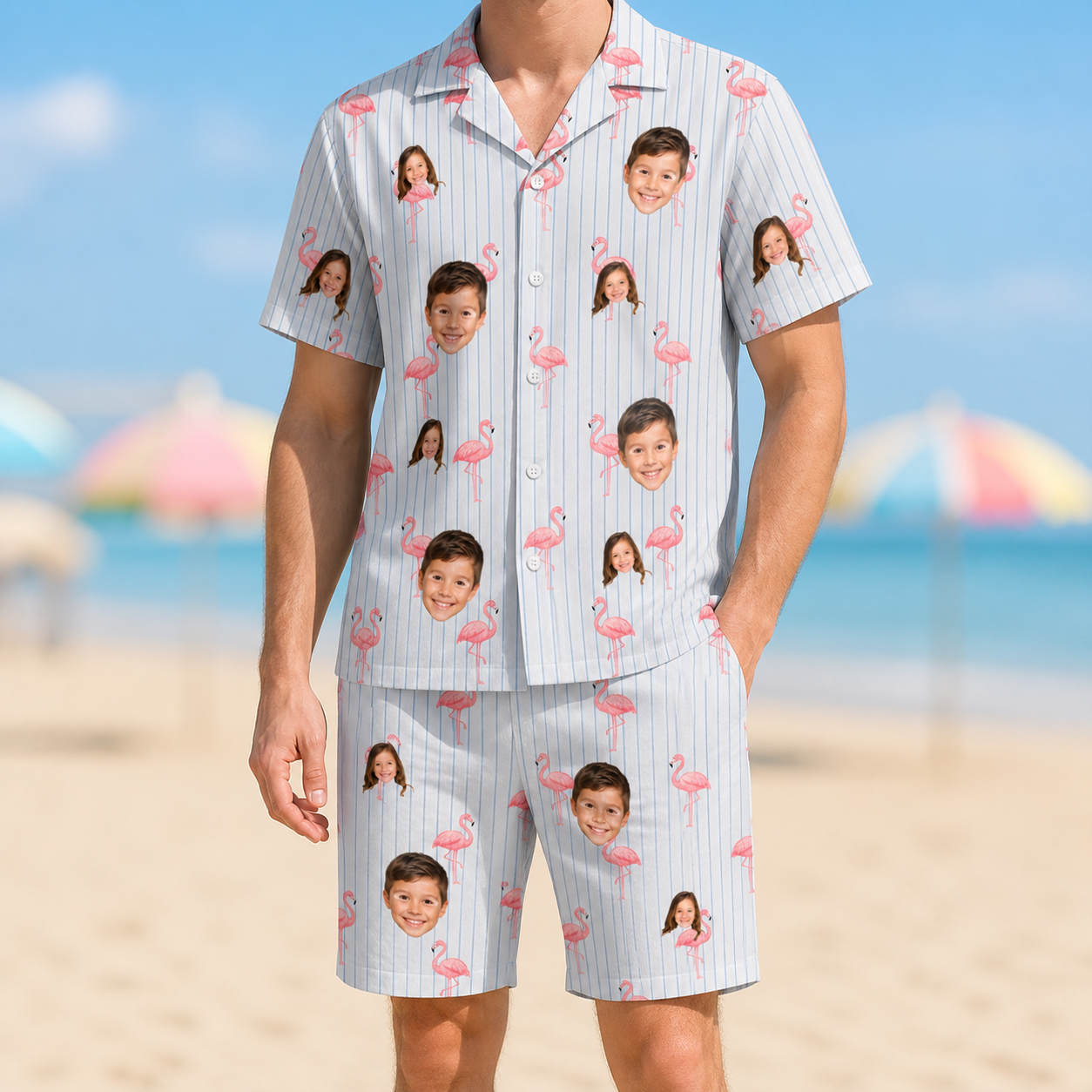 Model wearing Men's Stilt Spritz Custom Face Shirt & Shorts Set printed with kids' faces