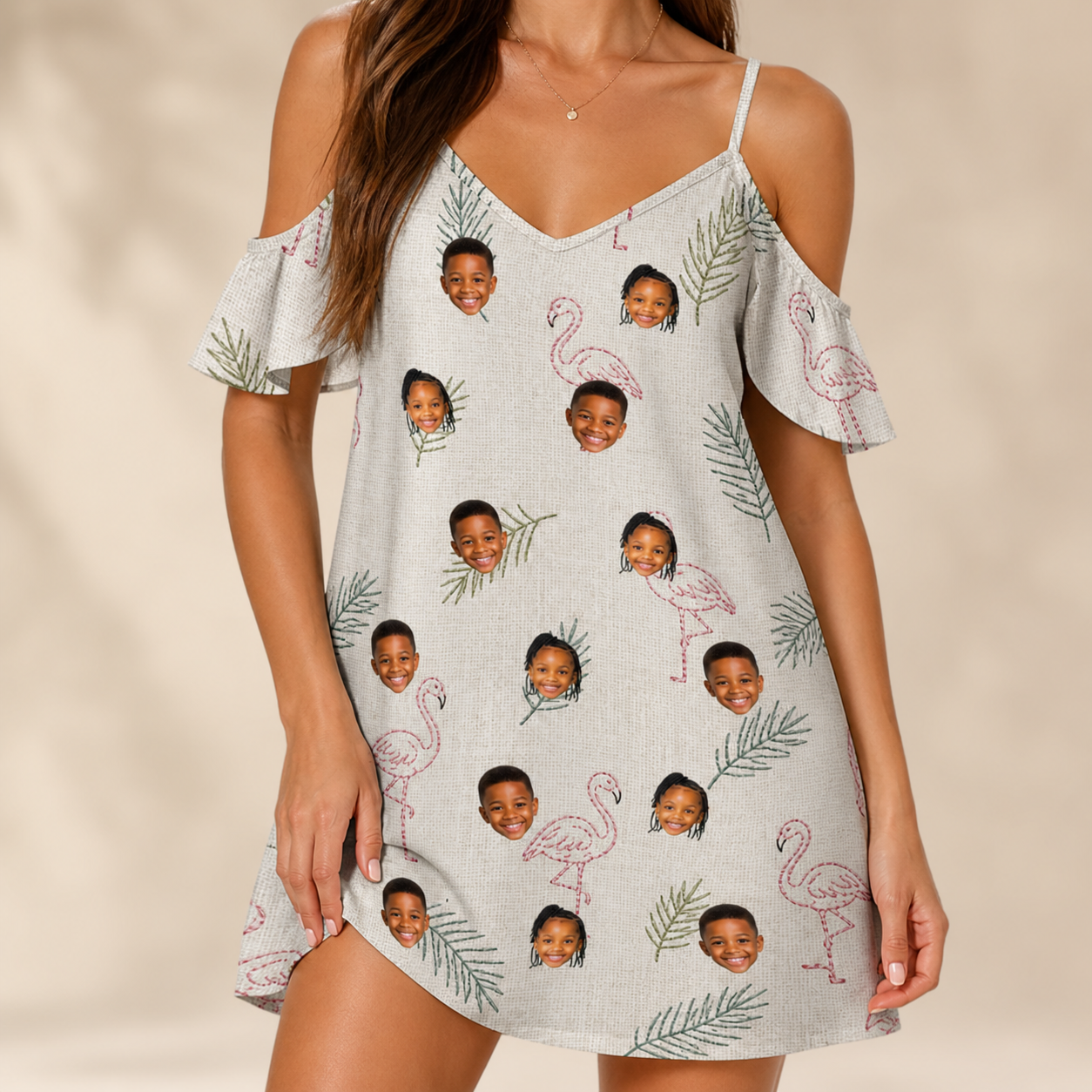 Model wearing Women's Tropical Tippytoes Custom Face Off-Shoulder Dress printed with kids' faces