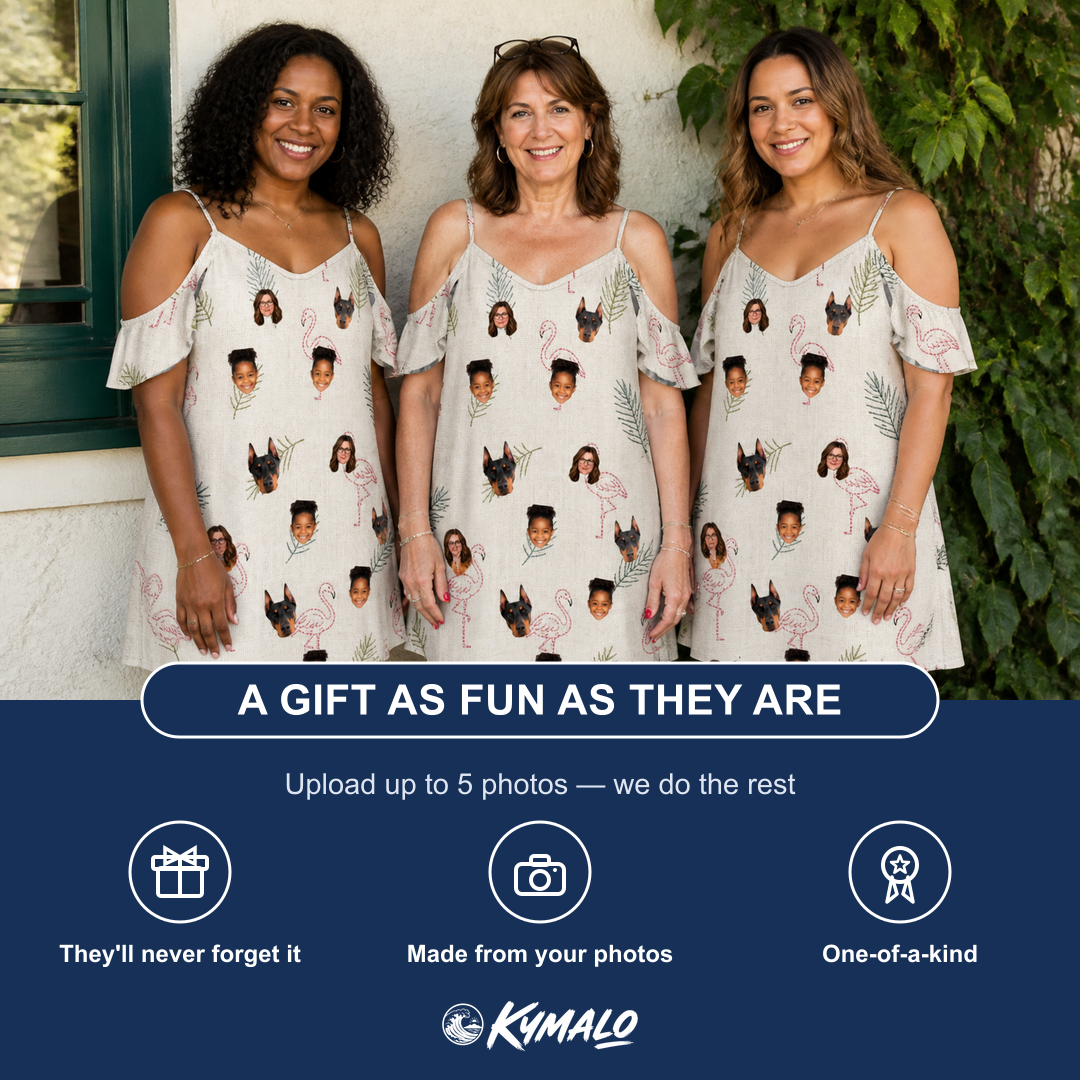 Friends in matching Women's Tropical Tippytoes Custom Face Off-Shoulder Dress — a group gift photo