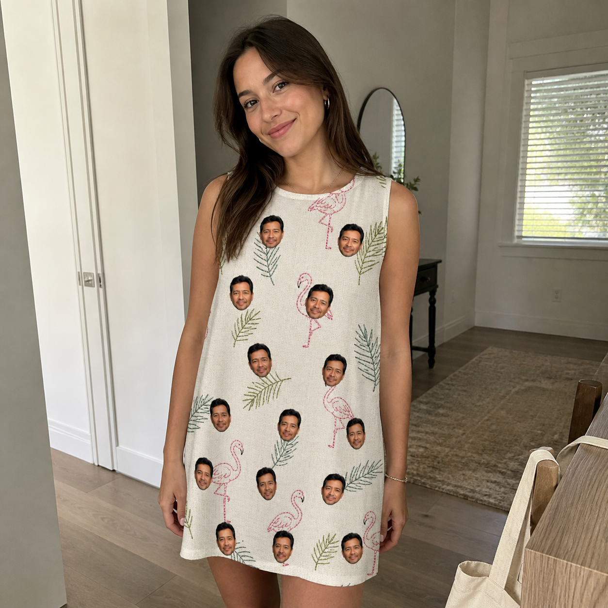 Real-life photo of someone wearing Women's Tropical Tippytoes Custom Face Tank Dress — custom faces printed all-over