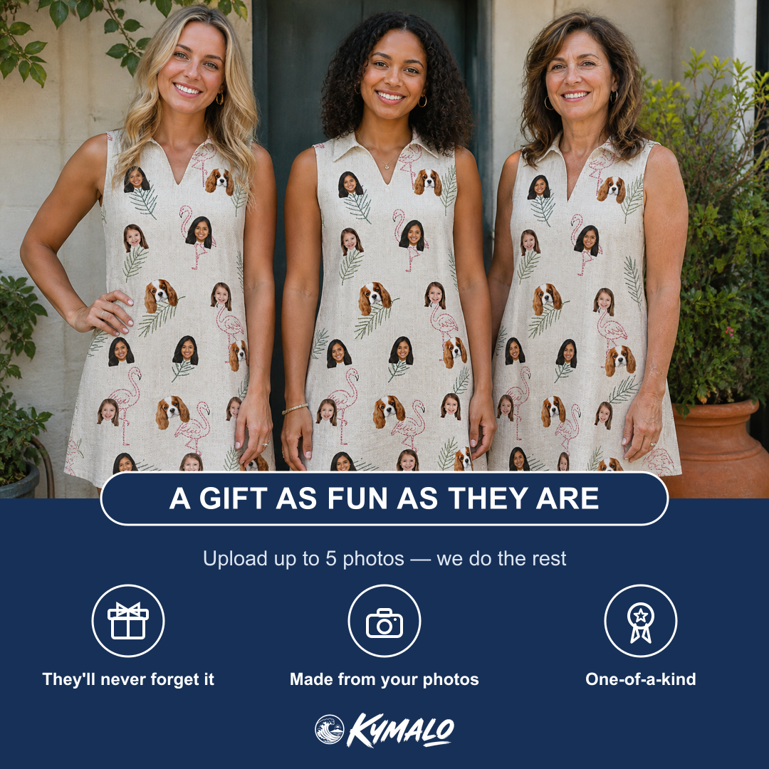 Friends in matching Women's Tropical Tippytoes Custom Face V-Neck Dress — a group gift photo