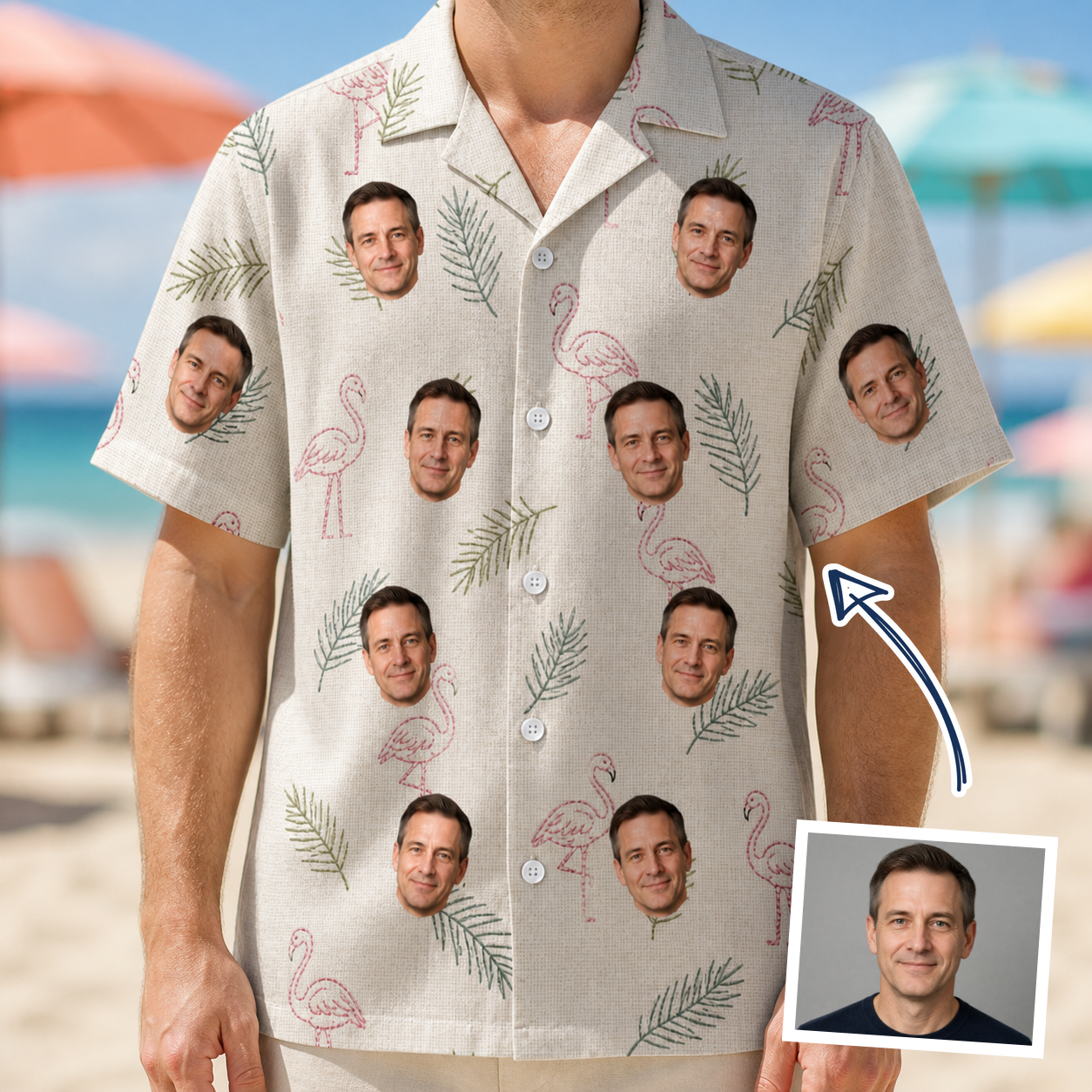 Man wearing Men's Tropical Tippytoes Custom Face Hawaiian Shirt — custom faces printed all-over