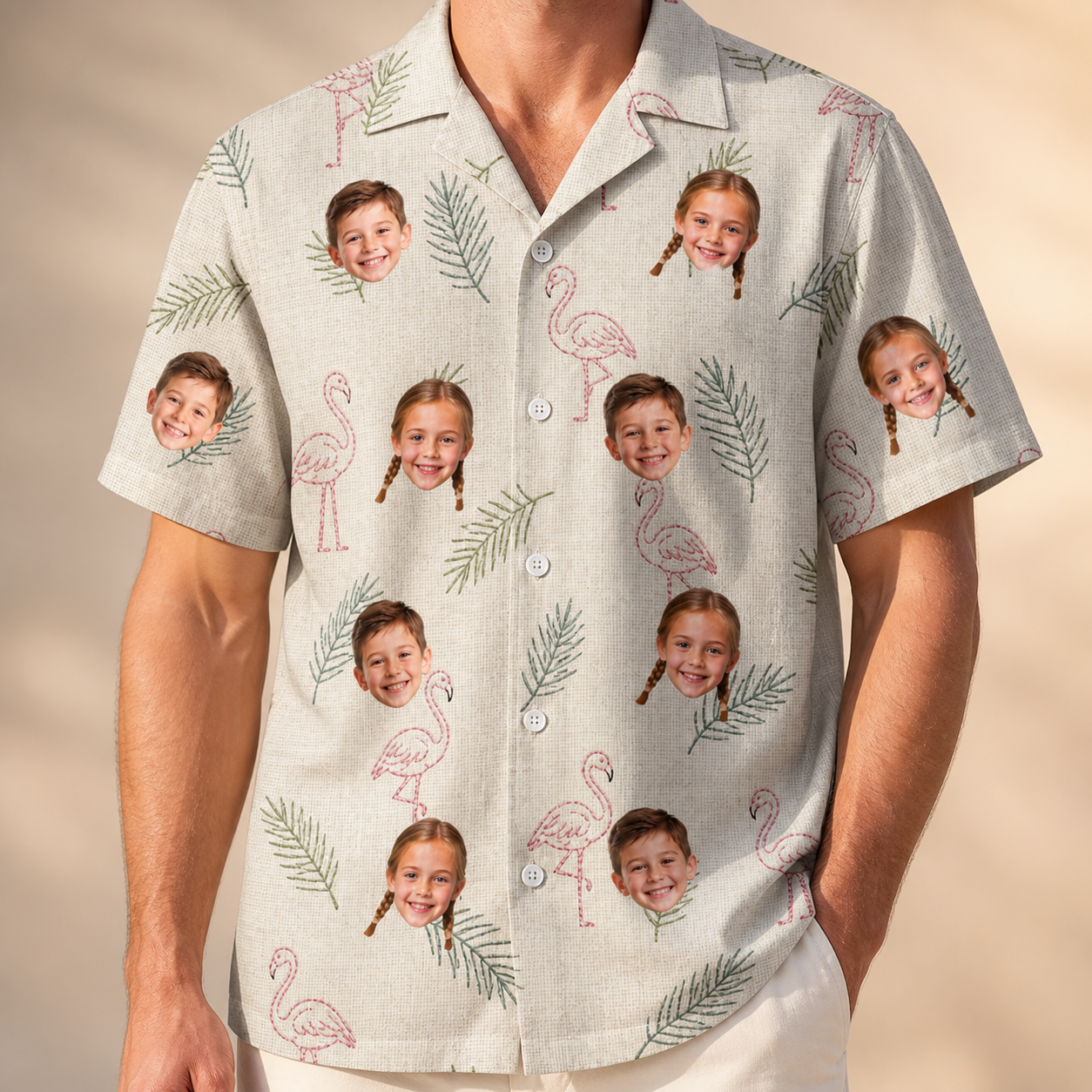 Model wearing Men's Tropical Tippytoes Custom Face Hawaiian Shirt printed with kids' faces