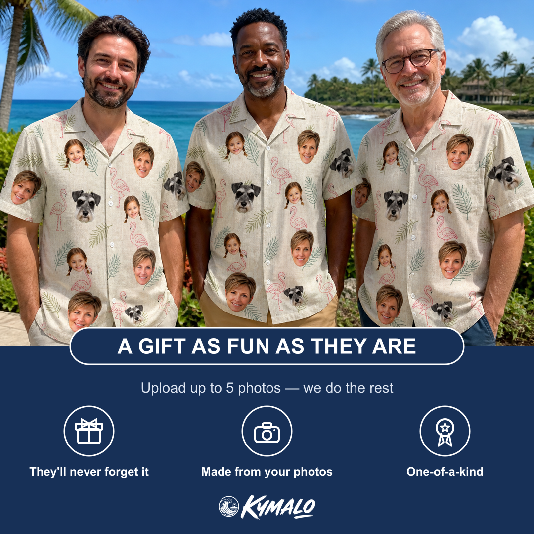 Friends in matching Men's Tropical Tippytoes Custom Face Hawaiian Shirt — a group gift photo