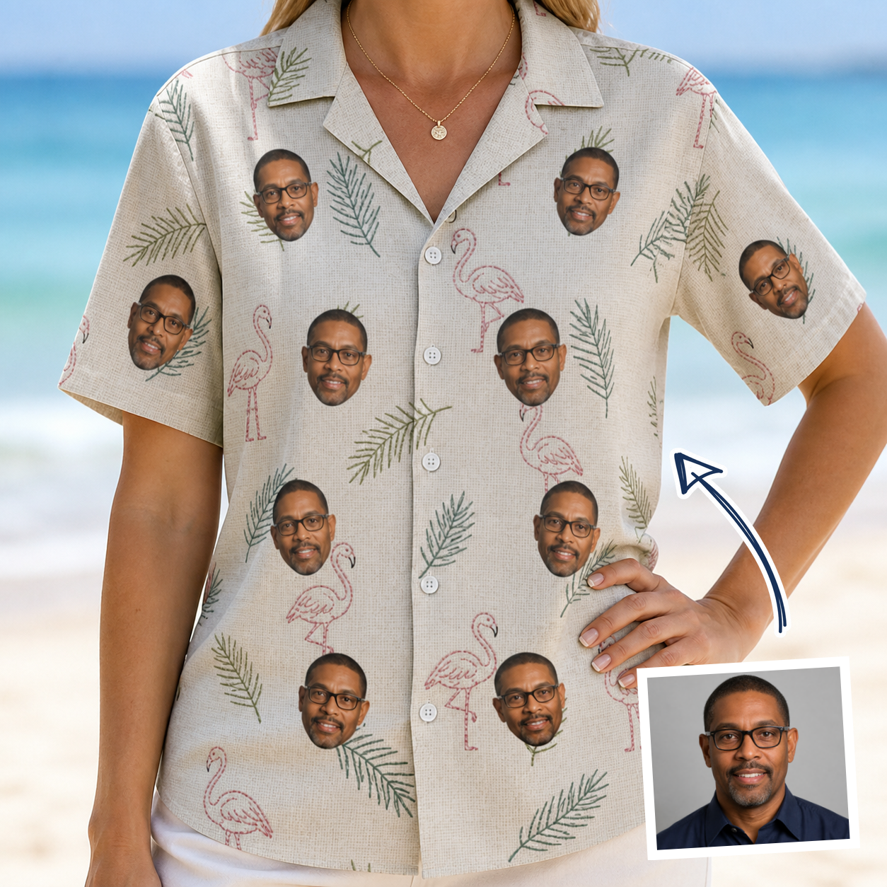 Woman wearing Women's Tropical Tippytoes Custom Face Hawaiian Shirt — custom faces printed all-over