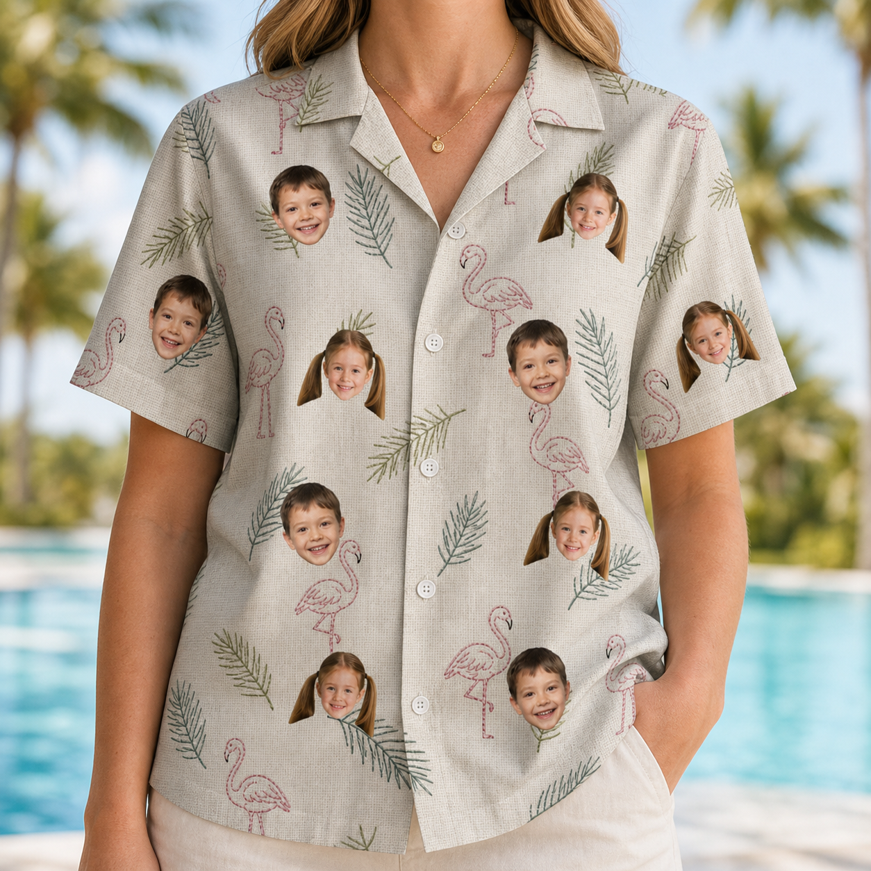 Model wearing Women's Tropical Tippytoes Custom Face Hawaiian Shirt printed with kids' faces