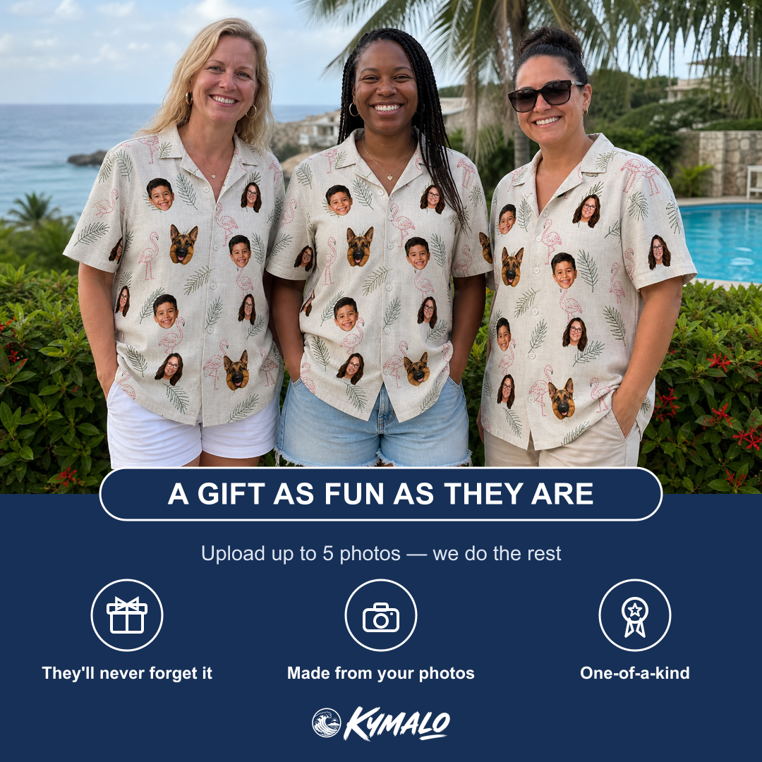 Friends in matching Women's Tropical Tippytoes Custom Face Hawaiian Shirt — a group gift photo