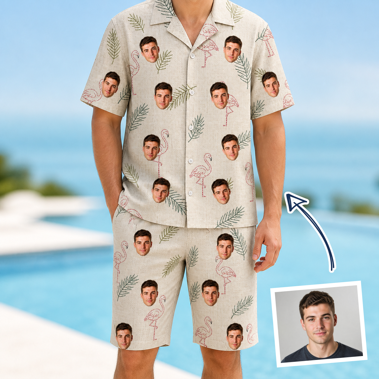 Man wearing Men's Tropical Tippytoes Custom Face Shirt & Shorts Set — custom faces printed all-over