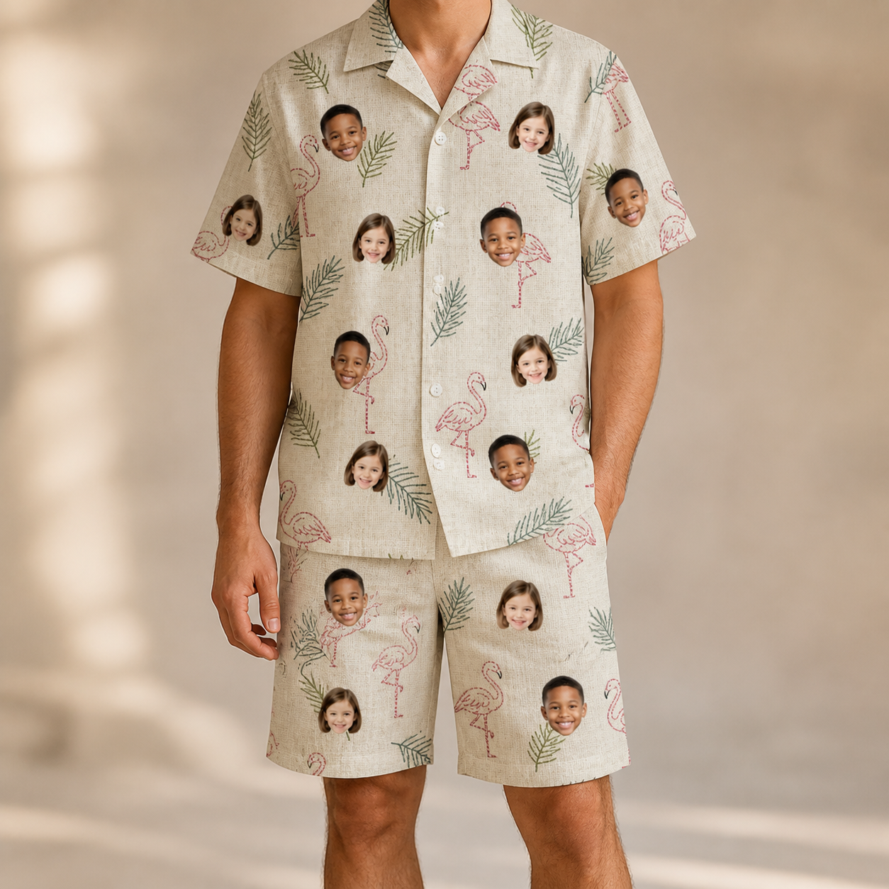 Model wearing Men's Tropical Tippytoes Custom Face Shirt & Shorts Set printed with kids' faces