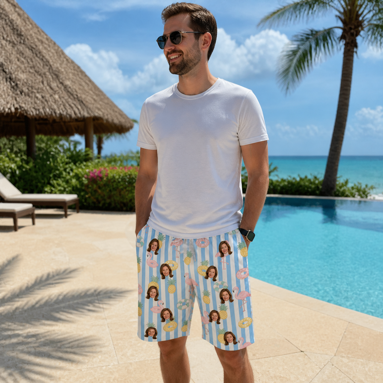 Real-life photo of someone wearing Men's Flamingo Fizz Custom Face Beach Shorts — custom faces printed all-over