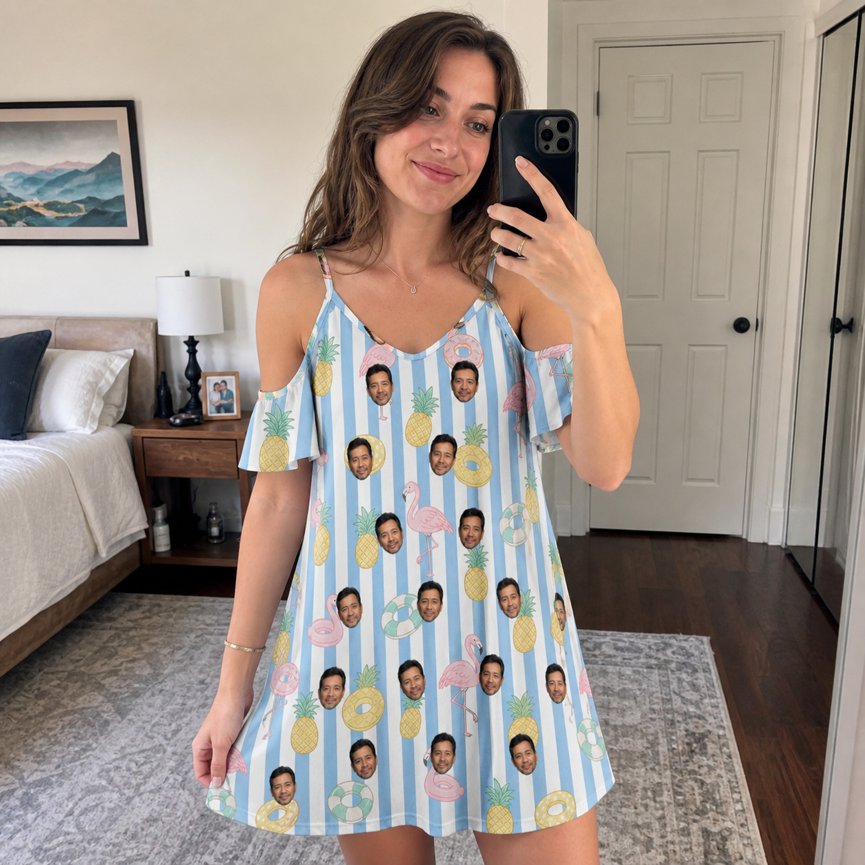 Real-life photo of someone wearing Women's Flamingo Fizz Custom Face Off-Shoulder Dress — custom faces printed all-over