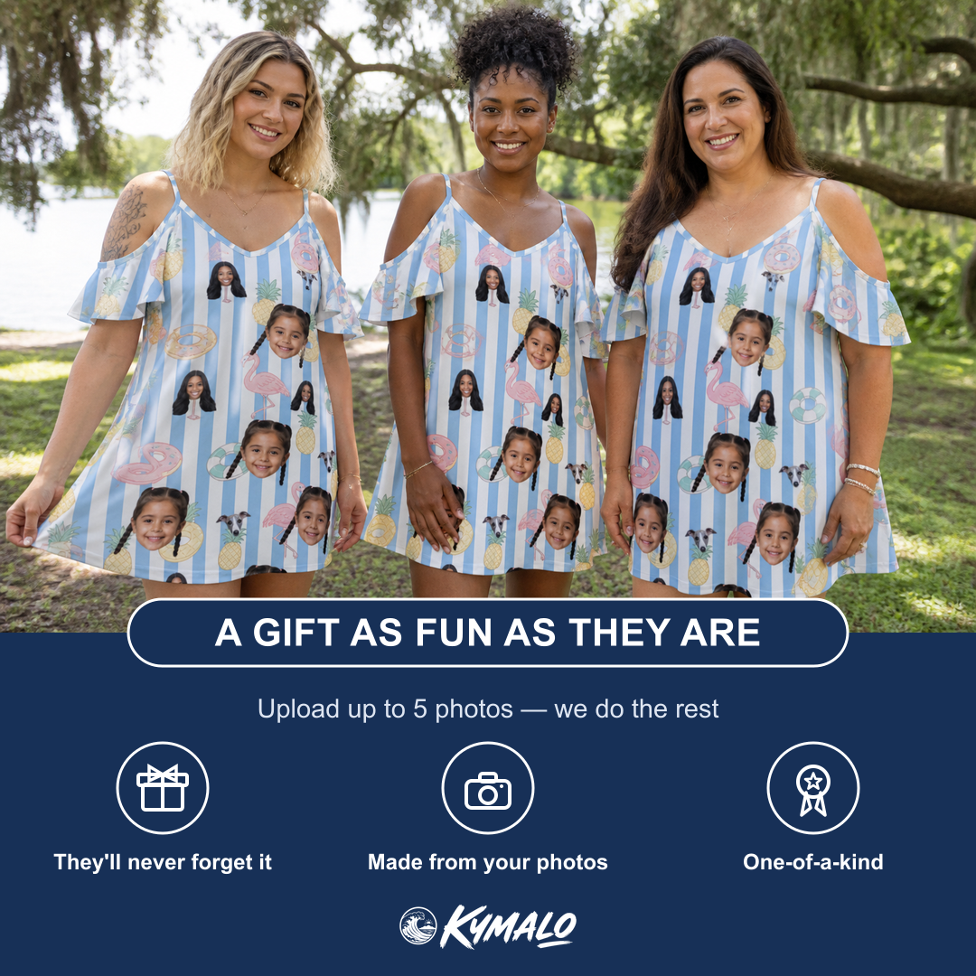 Friends in matching Women's Flamingo Fizz Custom Face Off-Shoulder Dress — a group gift photo
