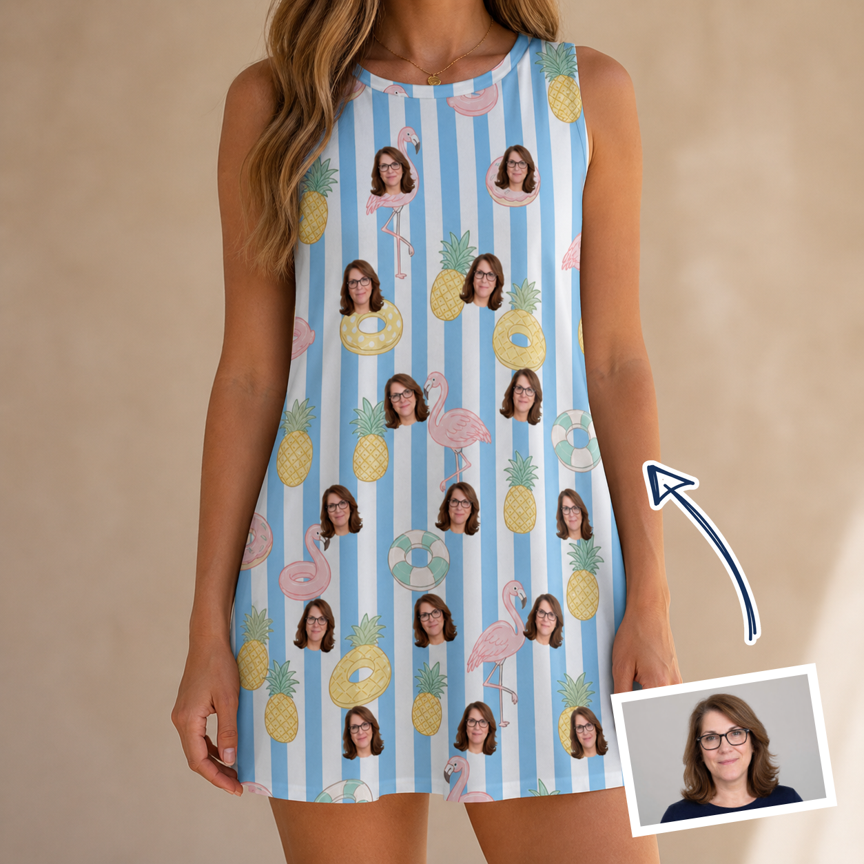 Woman wearing Women's Flamingo Fizz Custom Face Tank Dress — custom faces printed all-over