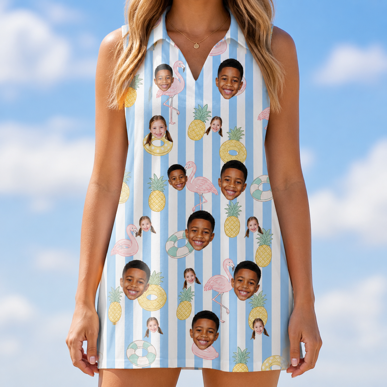 Model wearing Women's Flamingo Fizz Custom Face V-Neck Dress printed with kids' faces