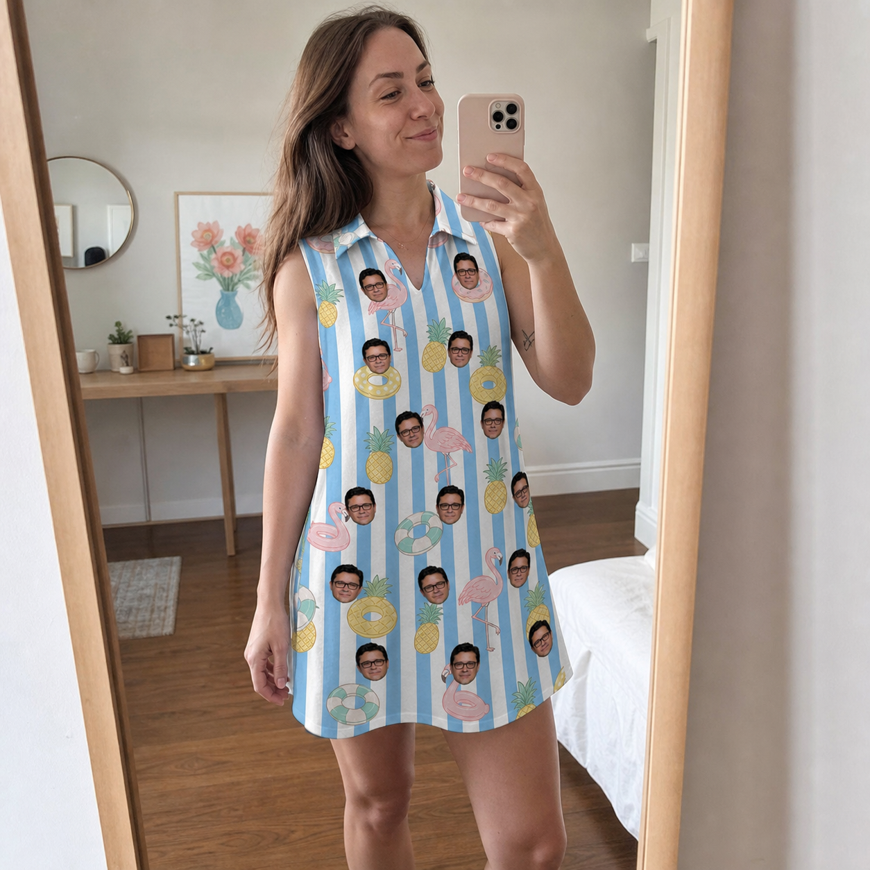 Real-life photo of someone wearing Women's Flamingo Fizz Custom Face V-Neck Dress — custom faces printed all-over