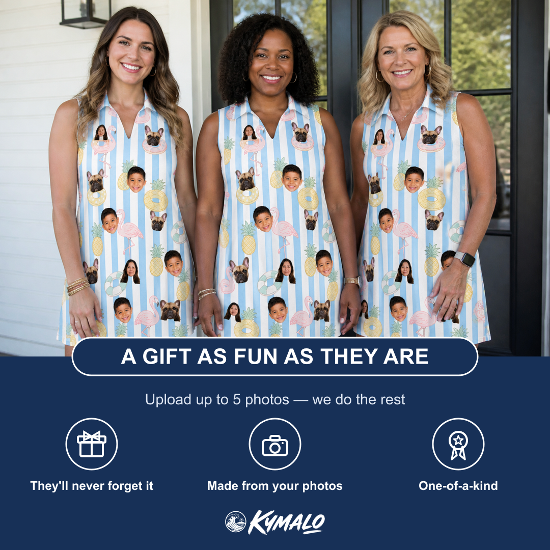 Friends in matching Women's Flamingo Fizz Custom Face V-Neck Dress — a group gift photo