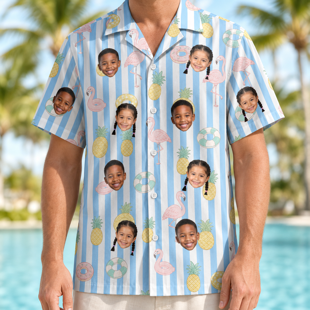 Model wearing Men's Flamingo Fizz Custom Face Hawaiian Shirt printed with kids' faces