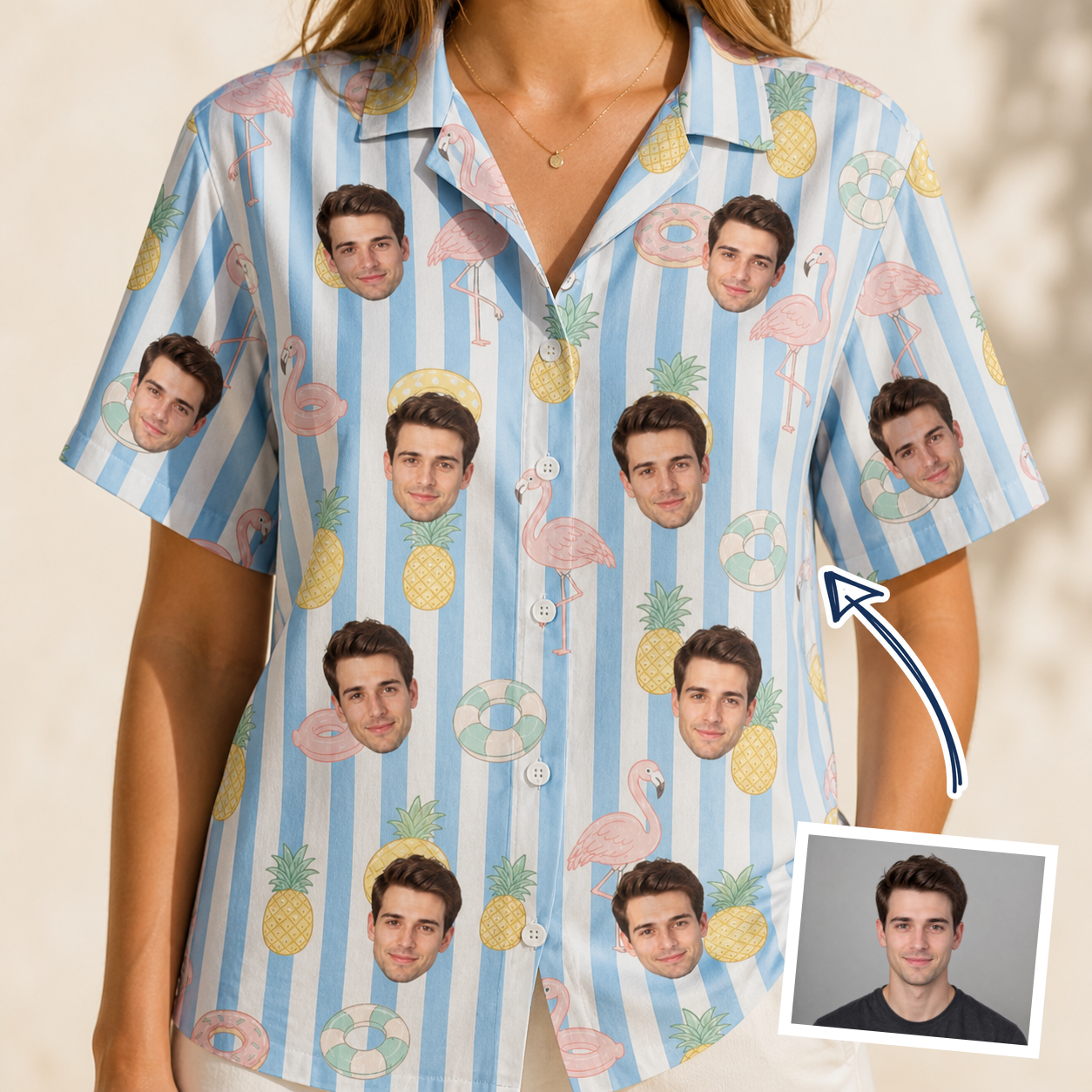 Woman wearing Women's Flamingo Fizz Custom Face Hawaiian Shirt — custom faces printed all-over