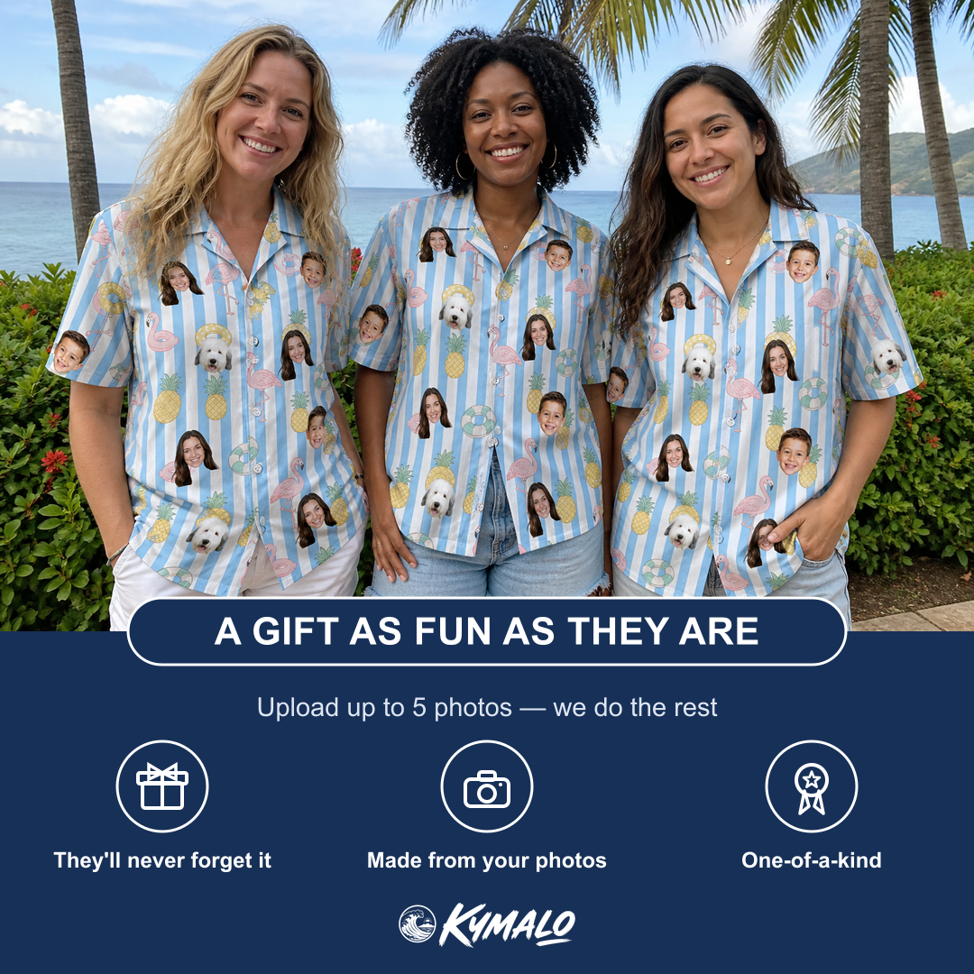 Friends in matching Women's Flamingo Fizz Custom Face Hawaiian Shirt — a group gift photo