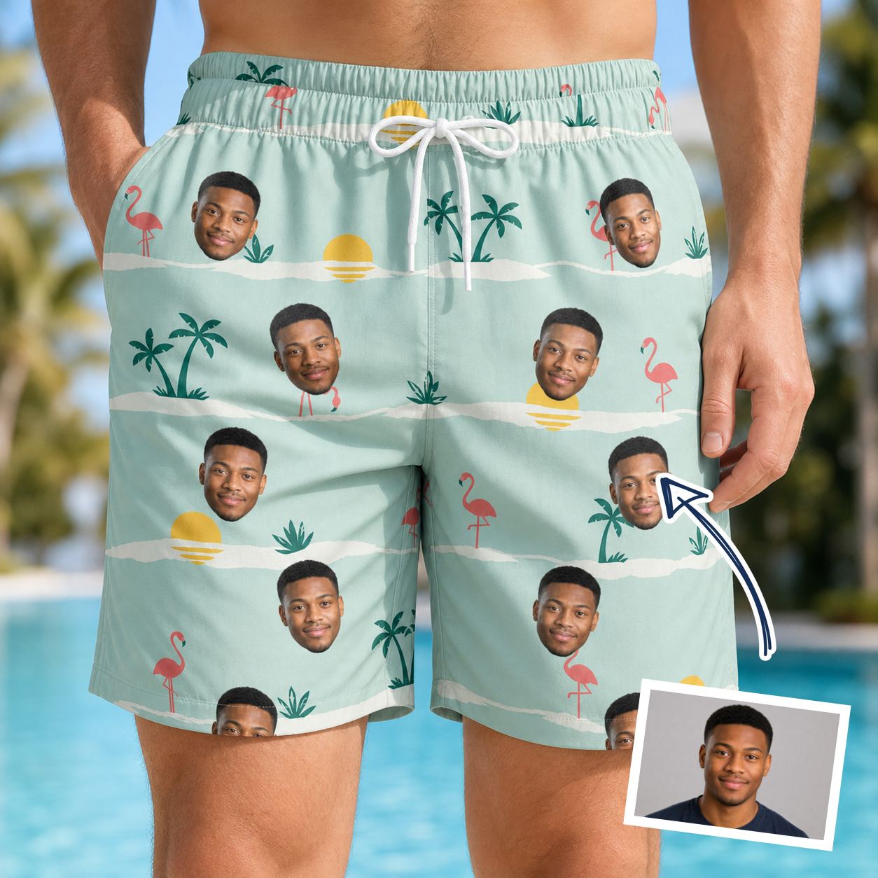 Man wearing Men's Roseate Runners Custom Face Beach Shorts — custom faces printed all-over