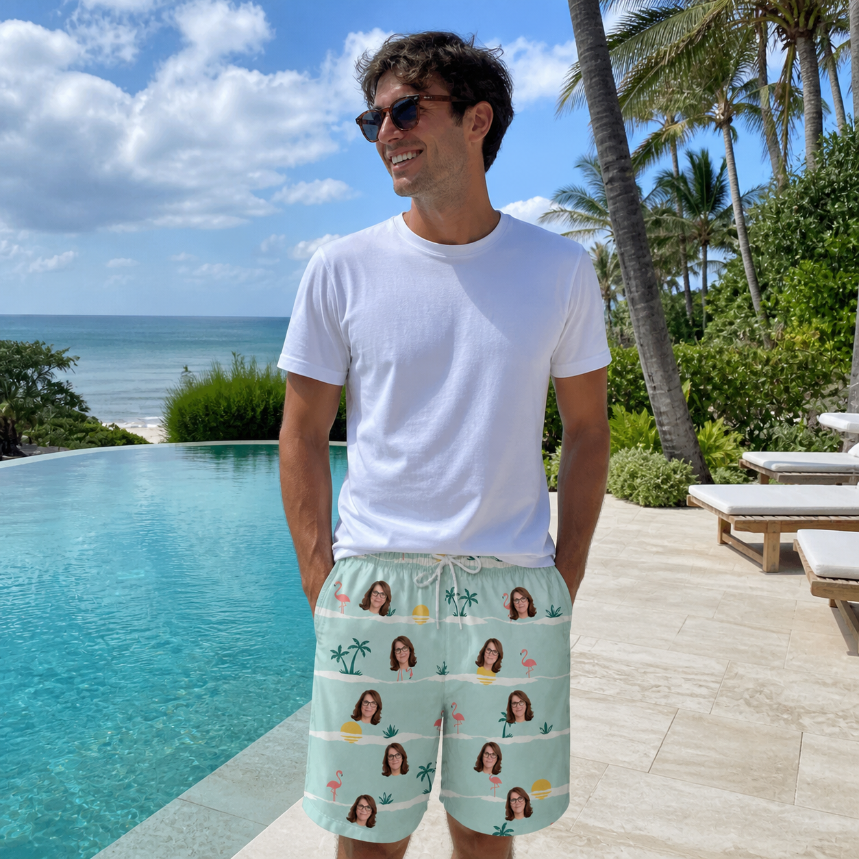 Real-life photo of someone wearing Men's Roseate Runners Custom Face Beach Shorts — custom faces printed all-over