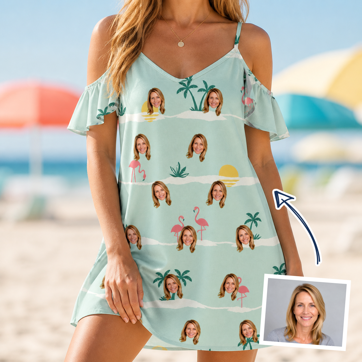 Woman wearing Women's Roseate Runners Custom Face Off-Shoulder Dress — custom faces printed all-over