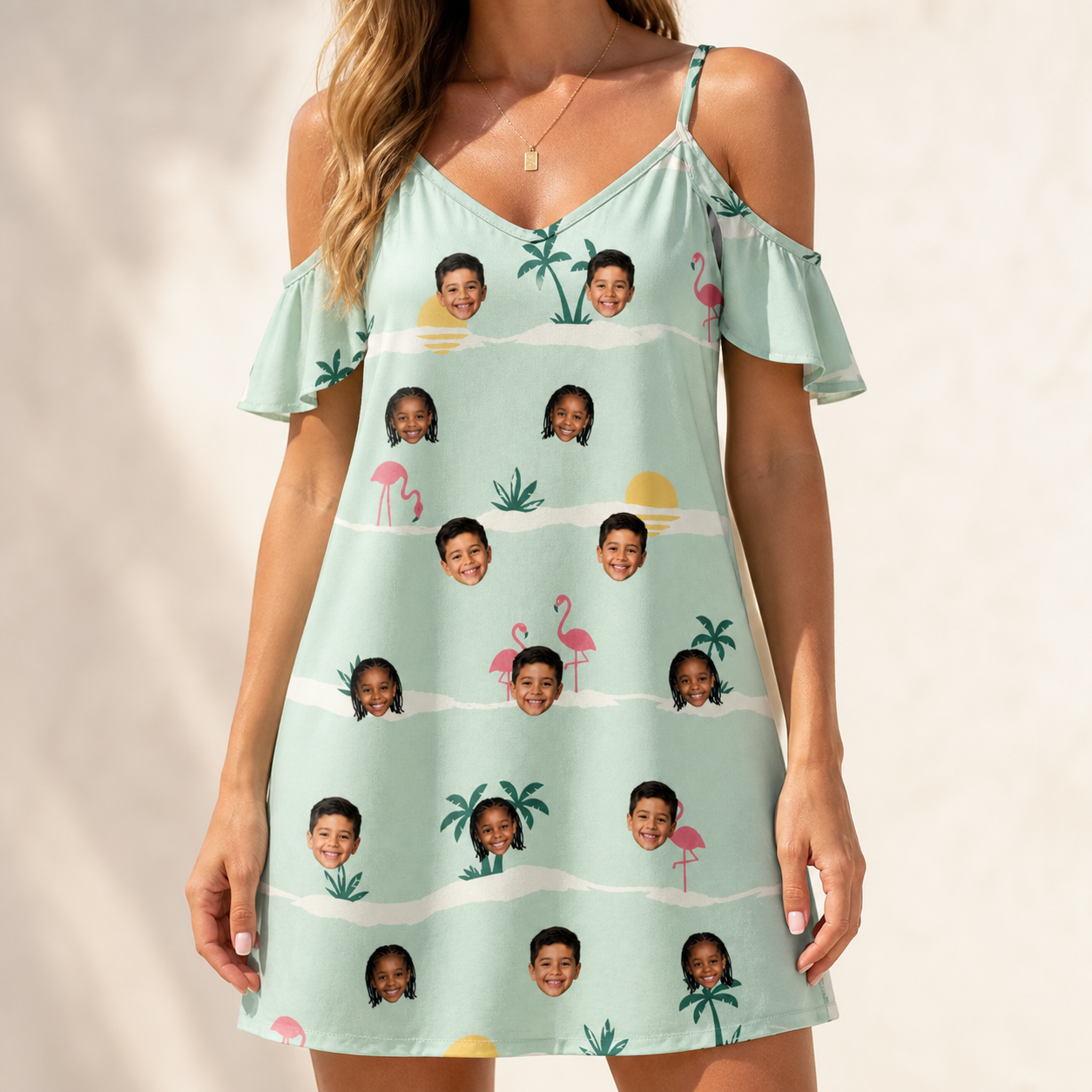 Model wearing Women's Roseate Runners Custom Face Off-Shoulder Dress printed with kids' faces