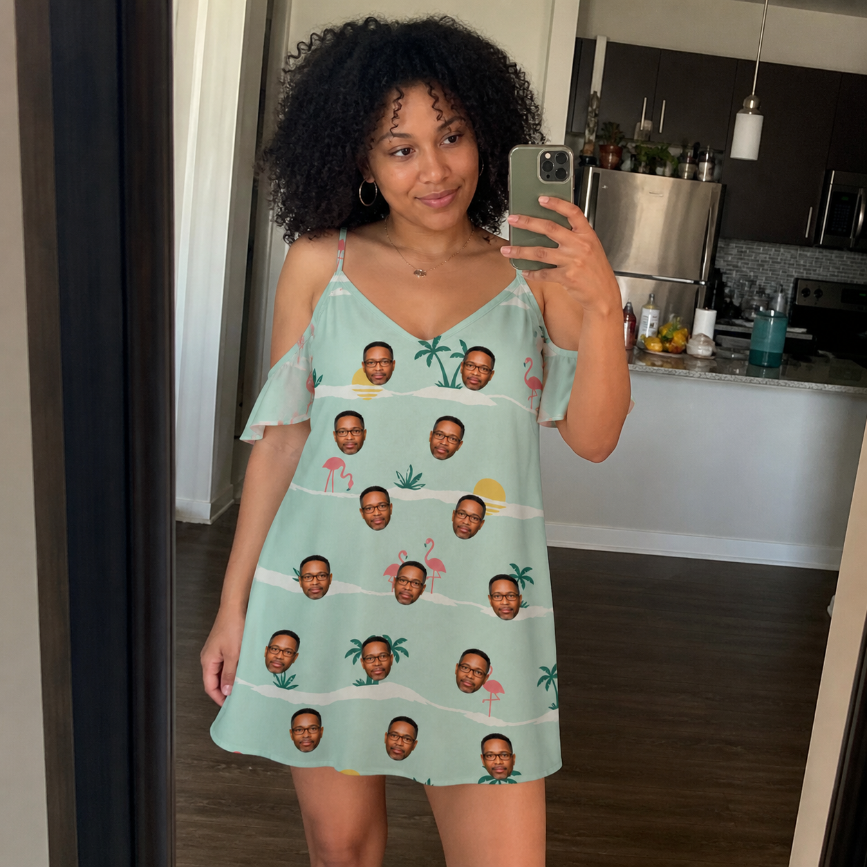 Real-life photo of someone wearing Women's Roseate Runners Custom Face Off-Shoulder Dress — custom faces printed all-over