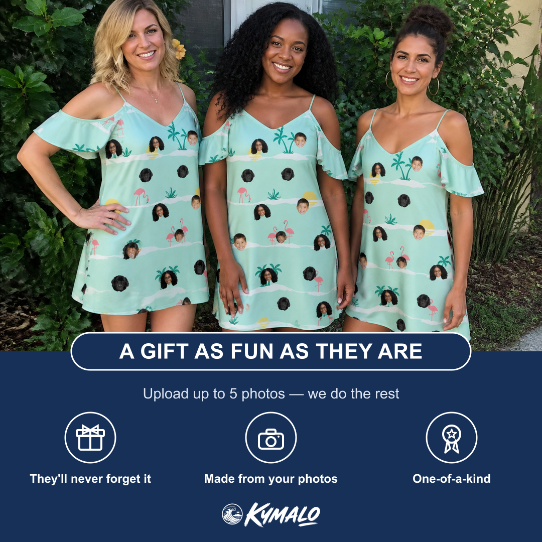Friends in matching Women's Roseate Runners Custom Face Off-Shoulder Dress — a group gift photo
