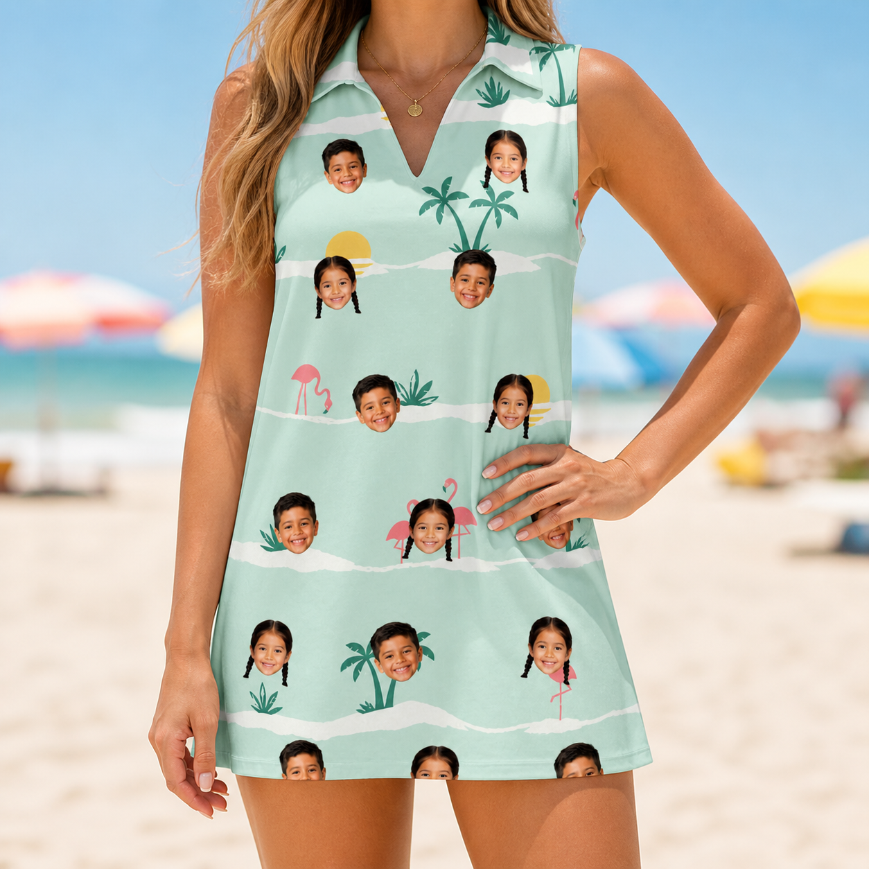 Model wearing Women's Roseate Runners Custom Face V-Neck Dress printed with kids' faces
