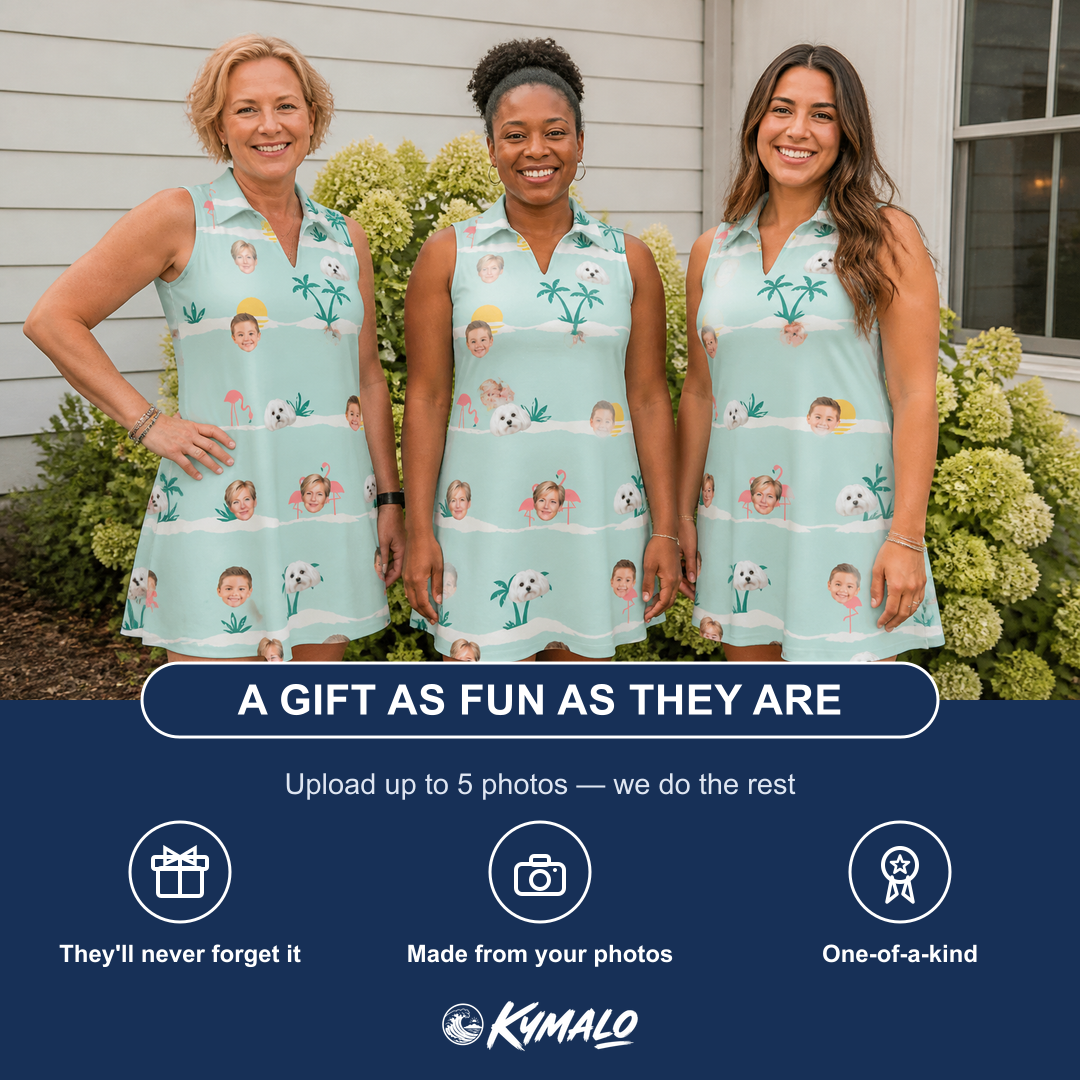Friends in matching Women's Roseate Runners Custom Face V-Neck Dress — a group gift photo