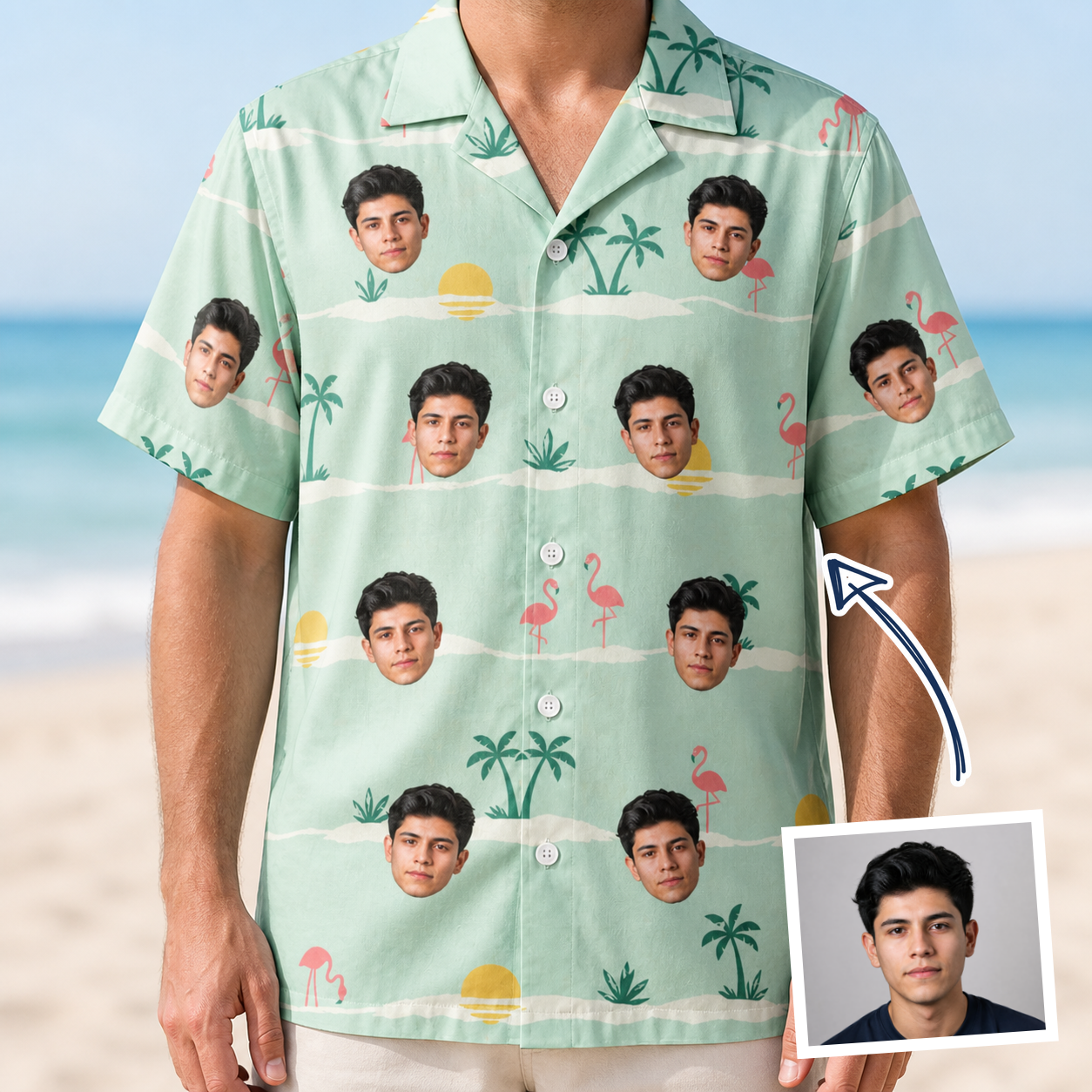 Man wearing Men's Roseate Runners Custom Face Hawaiian Shirt — custom faces printed all-over