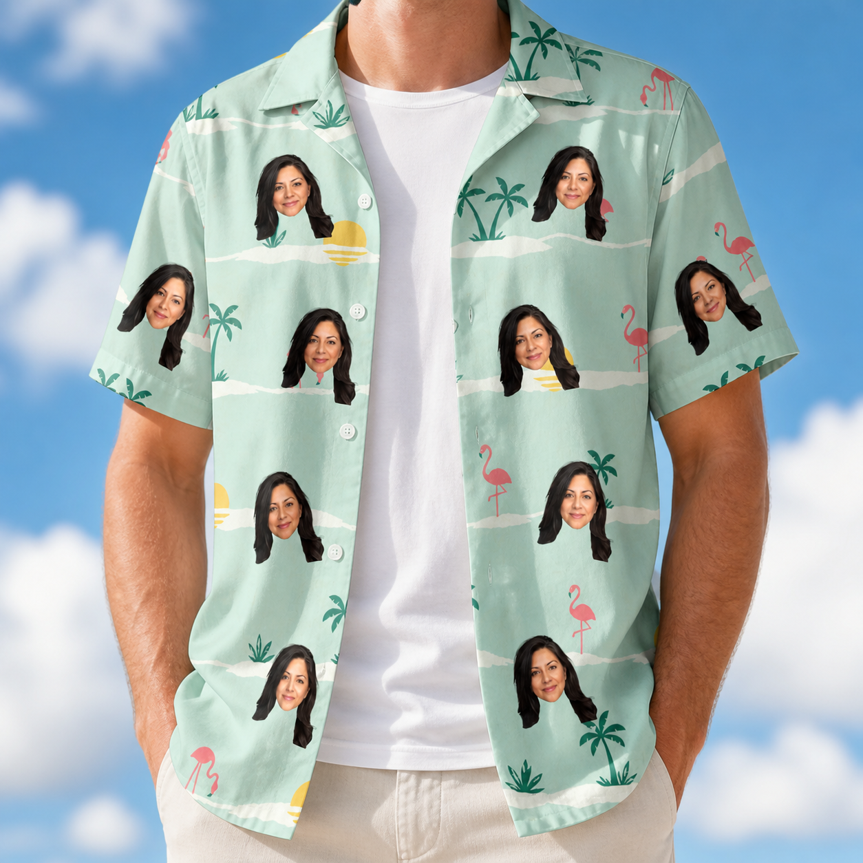 Man wearing Men's Roseate Runners Custom Face Hawaiian Shirt open over a white tee