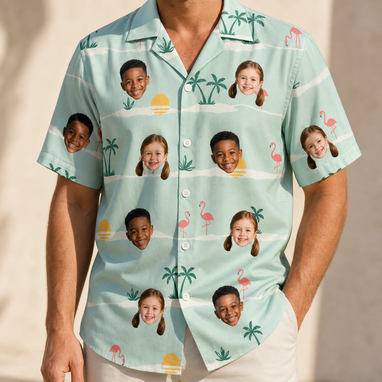 Model wearing Men's Roseate Runners Custom Face Hawaiian Shirt printed with kids' faces