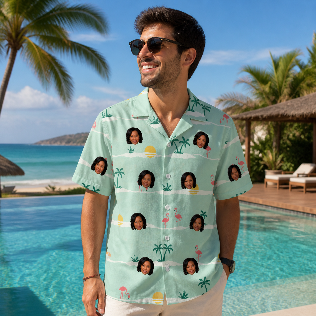 Real-life photo of someone wearing Men's Roseate Runners Custom Face Hawaiian Shirt — custom faces printed all-over