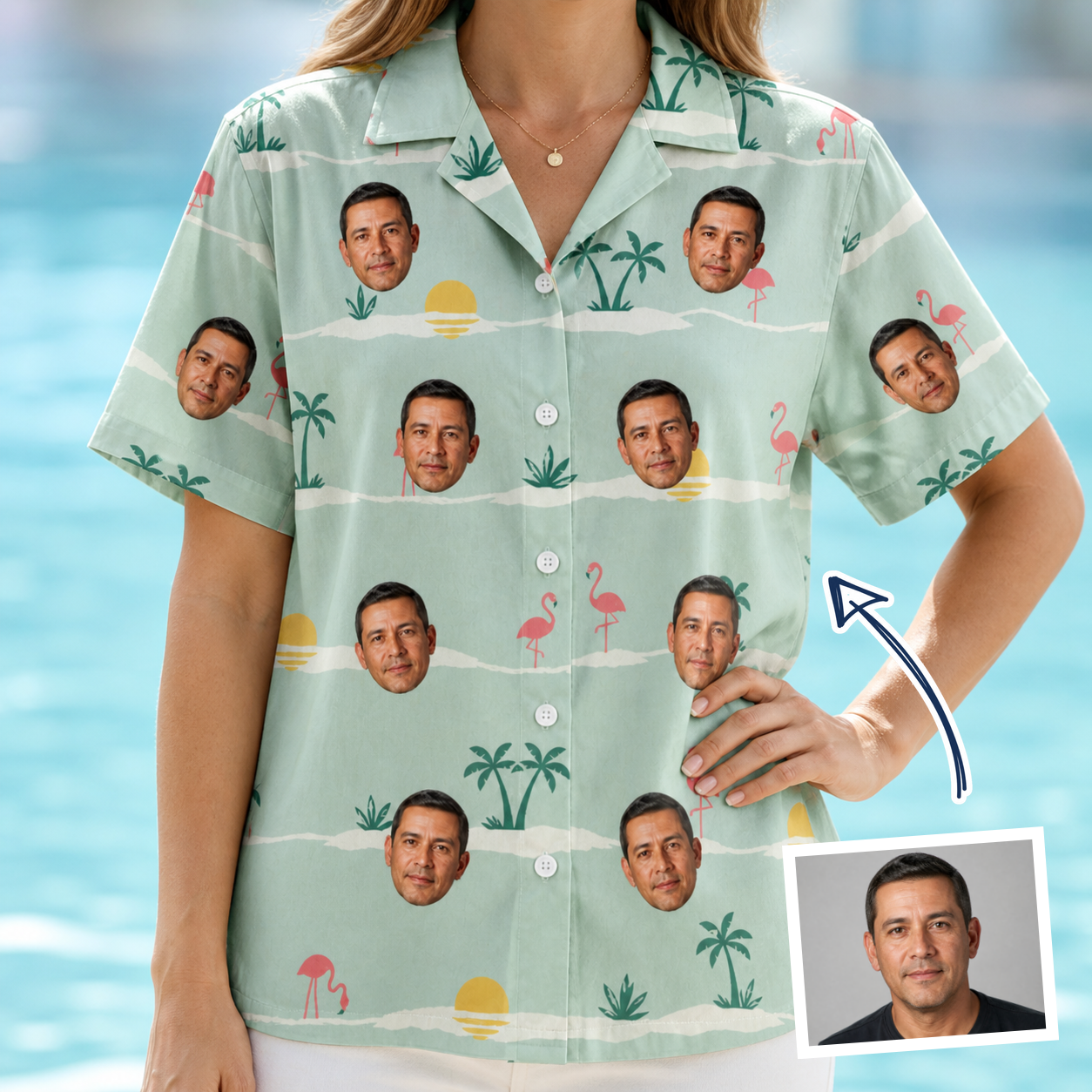 Woman wearing Women's Roseate Runners Custom Face Hawaiian Shirt — custom faces printed all-over