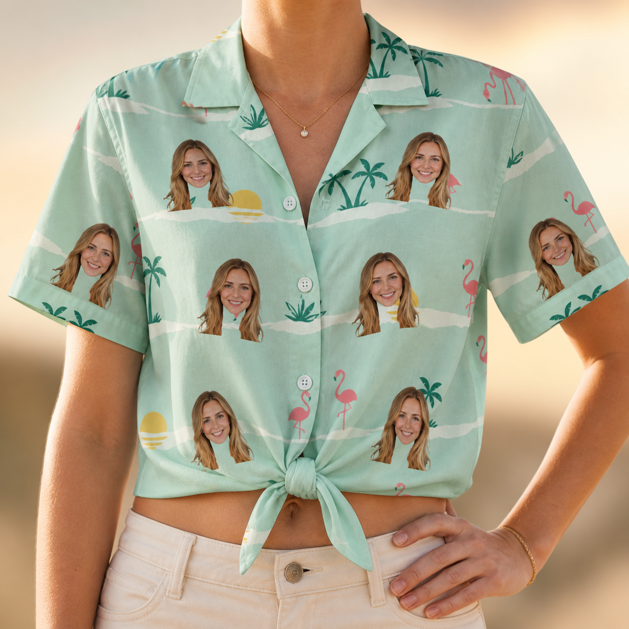 Woman wearing Women's Roseate Runners Custom Face Hawaiian Shirt tied at the waist