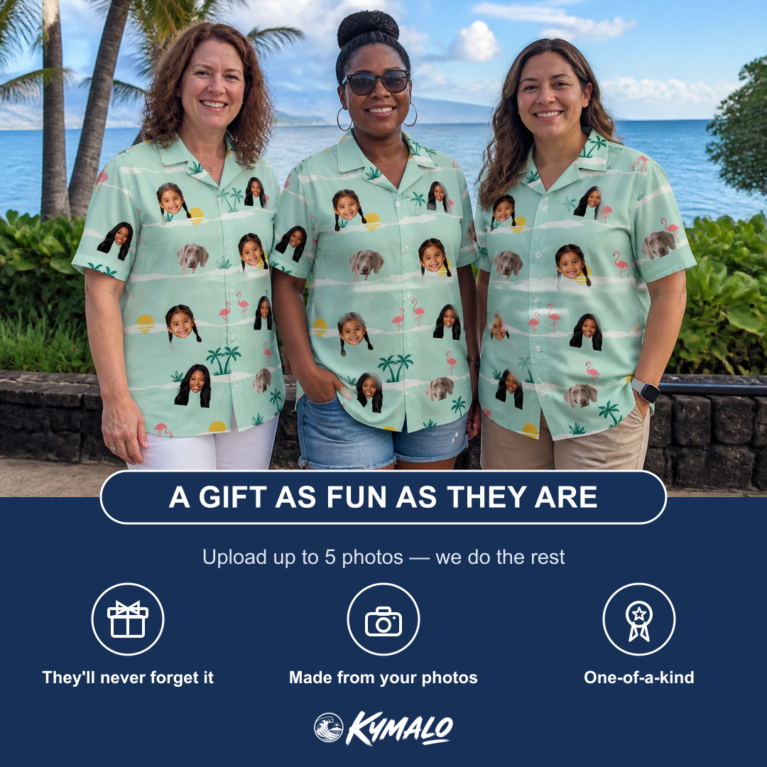 Friends in matching Women's Roseate Runners Custom Face Hawaiian Shirt — a group gift photo