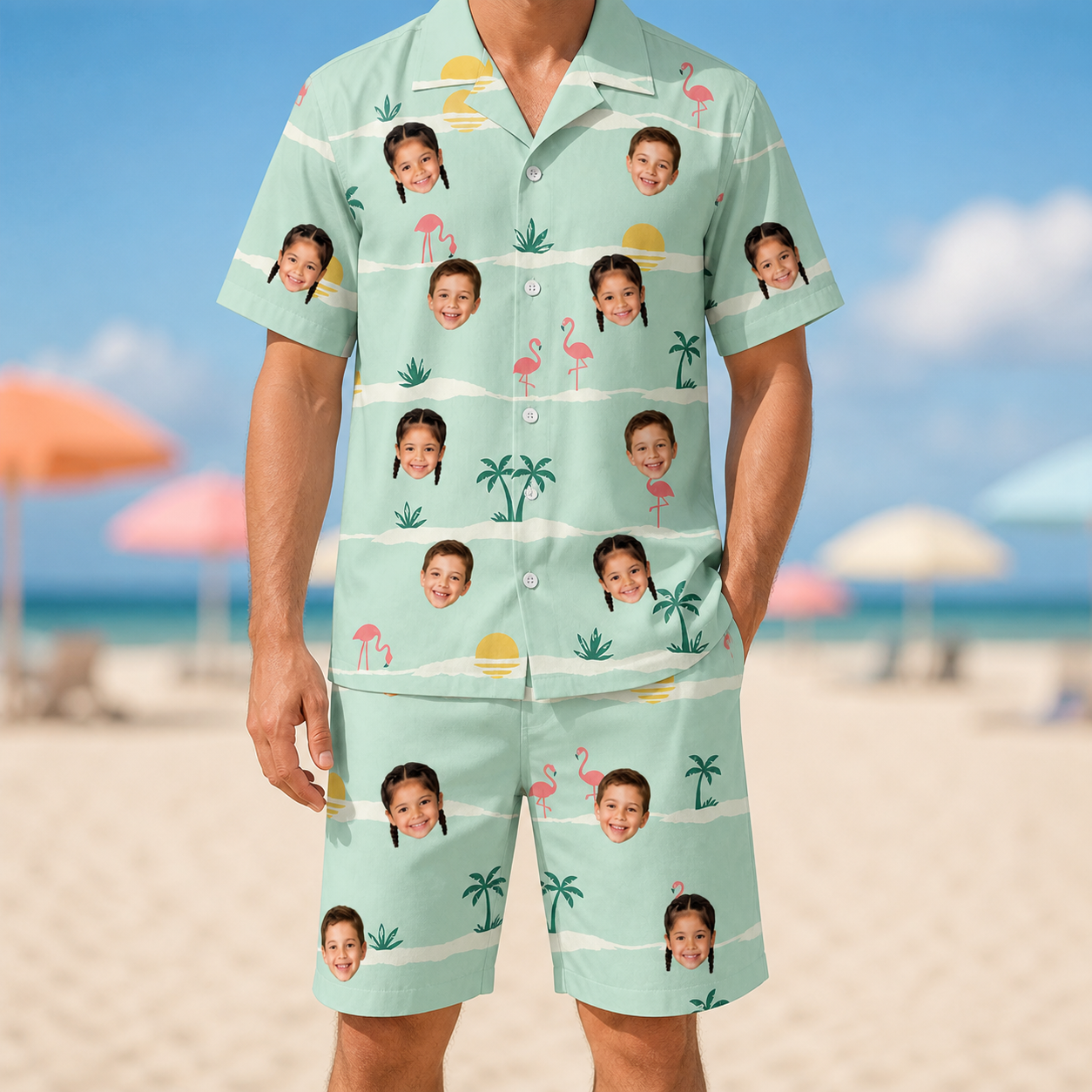 Model wearing Men's Roseate Runners Custom Face Shirt & Shorts Set printed with kids' faces