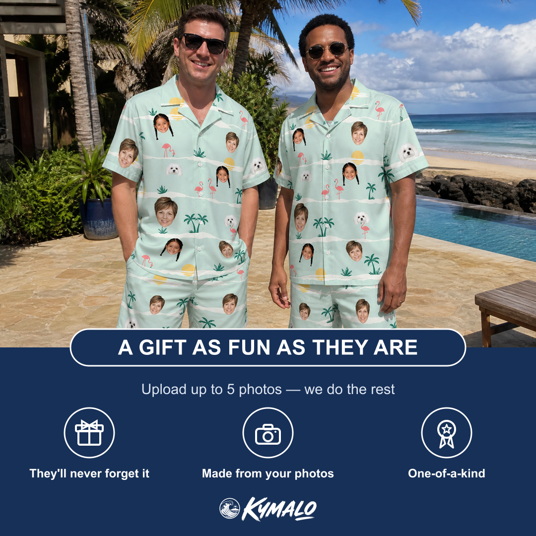 Friends in matching Men's Roseate Runners Custom Face Shirt & Shorts Set — a group gift photo