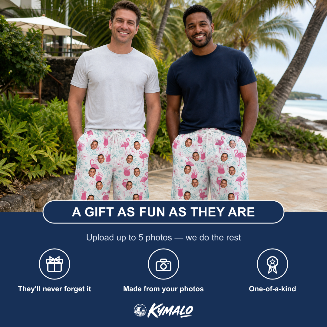 Friends in matching Men's Pink Pours Custom Face Beach Shorts — a group gift photo