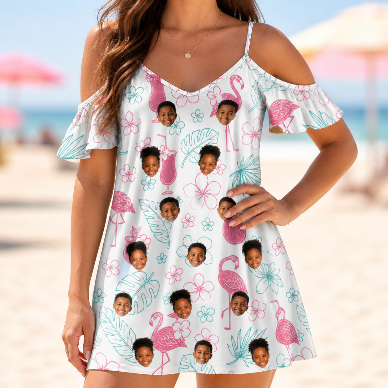 Model wearing Women's Pink Pours Custom Face Off-Shoulder Dress printed with kids' faces