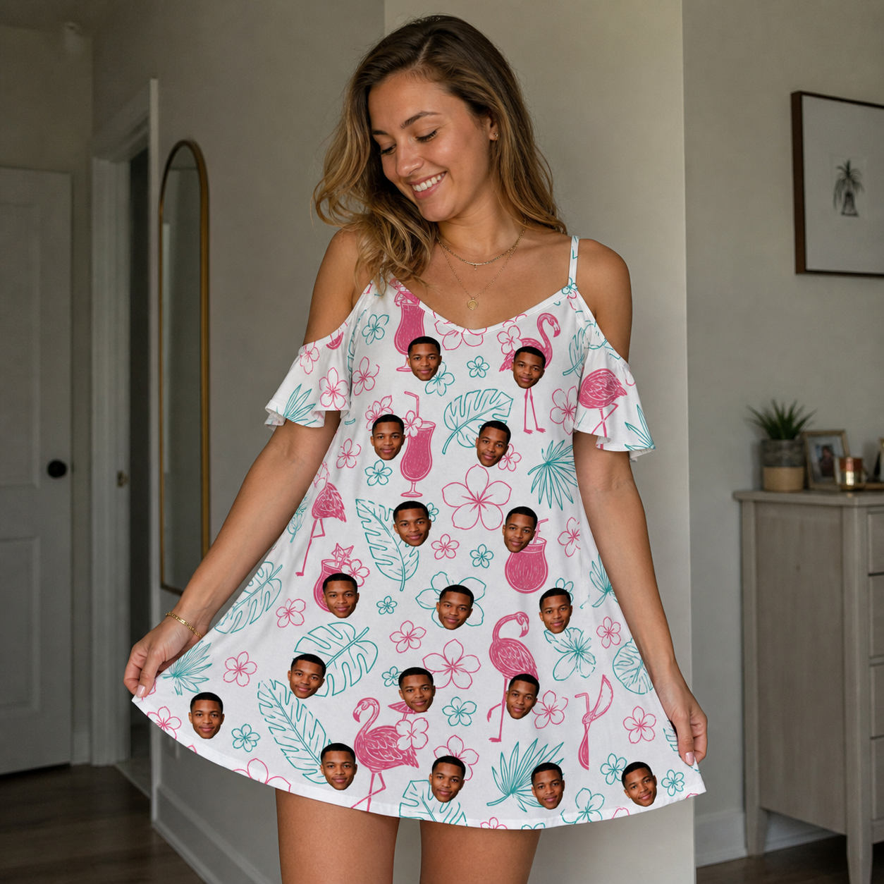 Real-life photo of someone wearing Women's Pink Pours Custom Face Off-Shoulder Dress — custom faces printed all-over